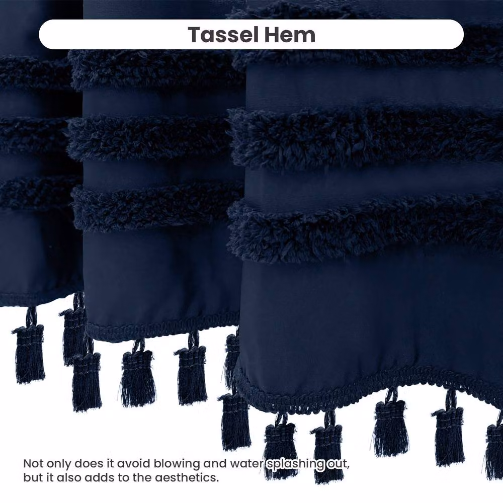 INHOUSOLU HOME DECOR Blue Tufted Boho Shower Curtain with Tassels and Eyelets, Width: 184 cm – 6