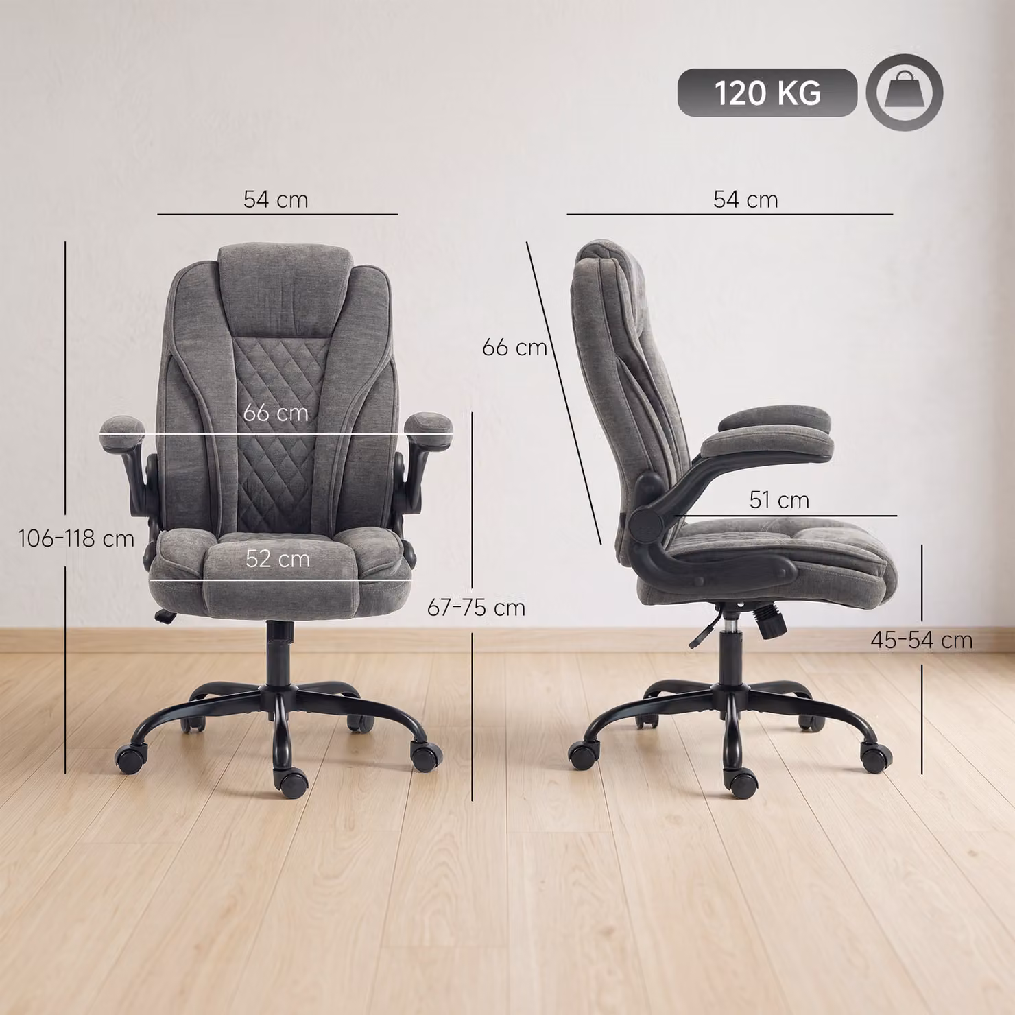 HOMCOM Ergonomic Grey Fabric Office Chair with Armrests and Swivel Castors – 3