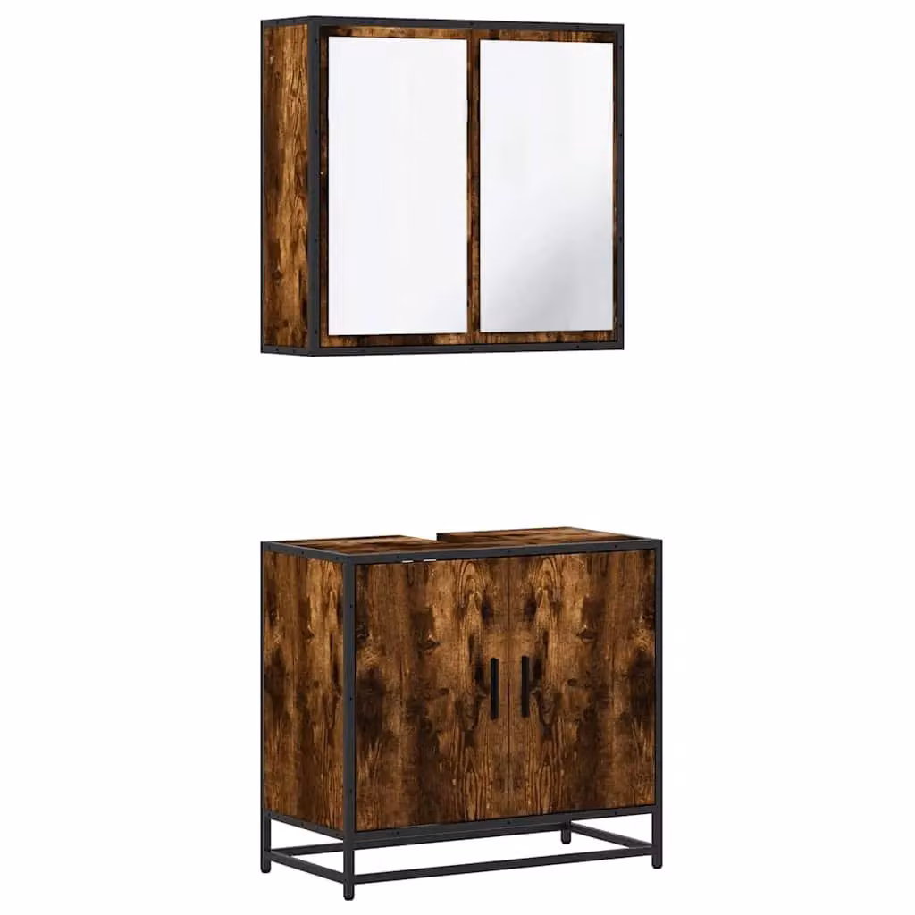 Berkfield Home 2 Piece Industrial Bathroom Furniture Set in Smoked Oak Brown featuring a Vanity Unit and Mirror Cabinet – 2