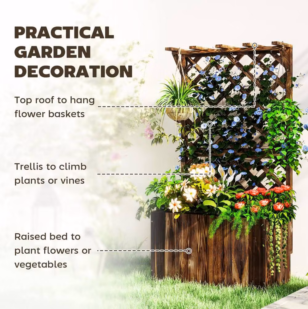 STILVORA Wooden Raised Garden Bed with Trellis and Hanging Roof in Brown, W/D/H: 122 x 64 x 33 cm – 5