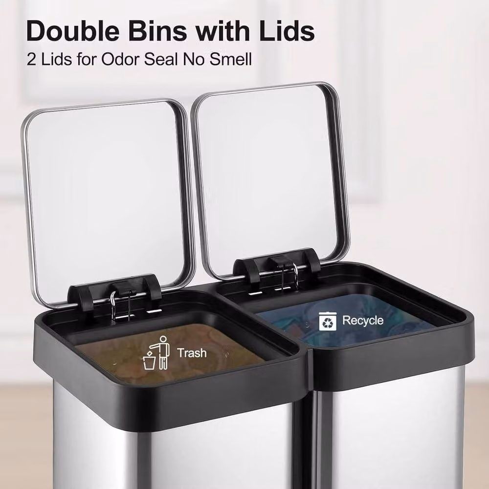VOGREX 16 Gallon Dual Trash and Recycling Bin in Silver Stainless Steel – 5