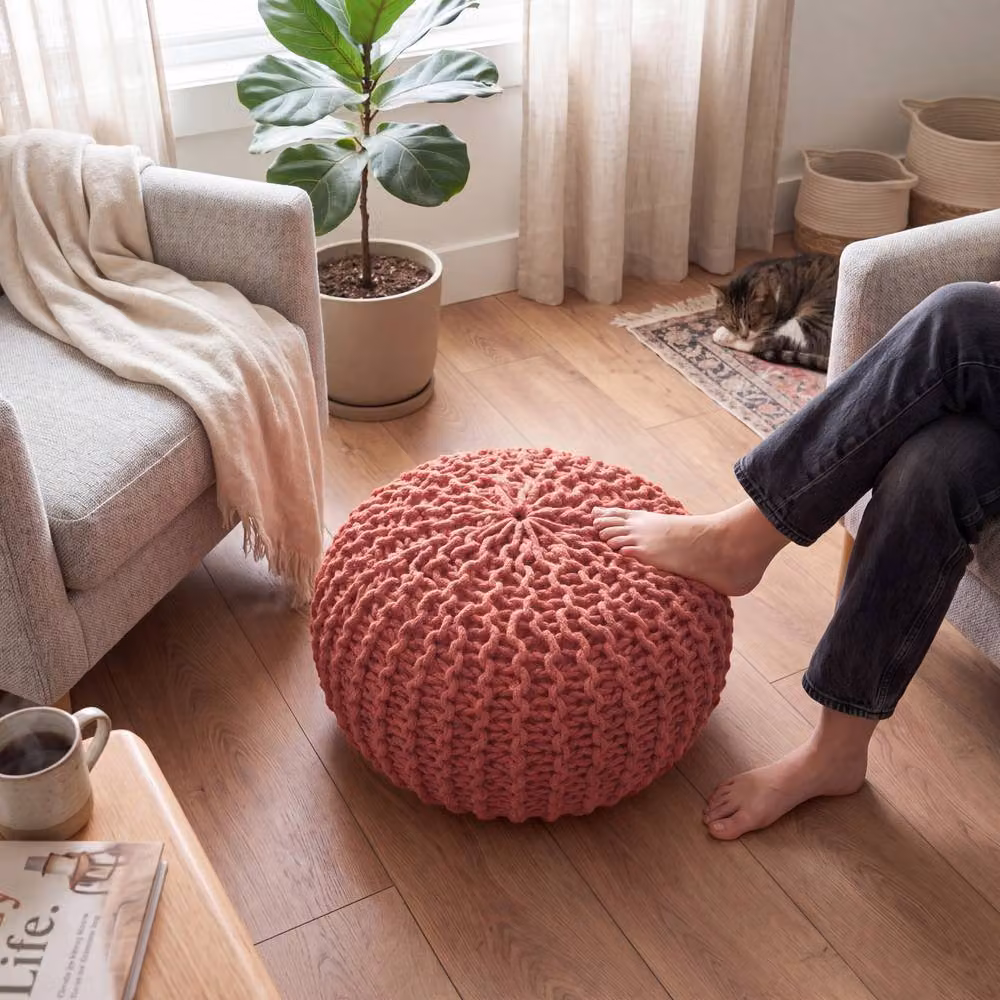 Bravich LTD Chunky Knitted Cotton Round Pouffe Footstool in Pink, Diameter: 50 cm – 2