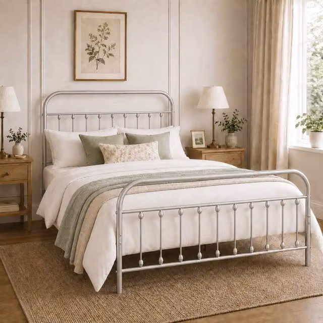 SquareBoxx Amelia Double Metal Spindle Design Bed Frame in Silver, W/D/H: 140 x 200 cm – 1