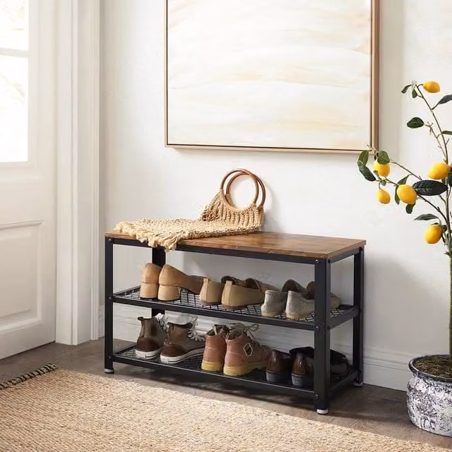Kelvenix Industrial Shoe Rack Storage Bench in Brown