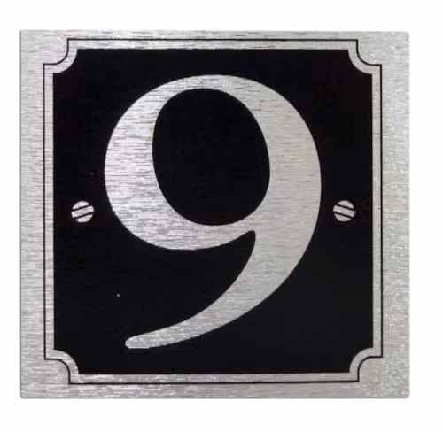 Rowan Self Adhesive House or Gate Number 9 in Silver on Black
