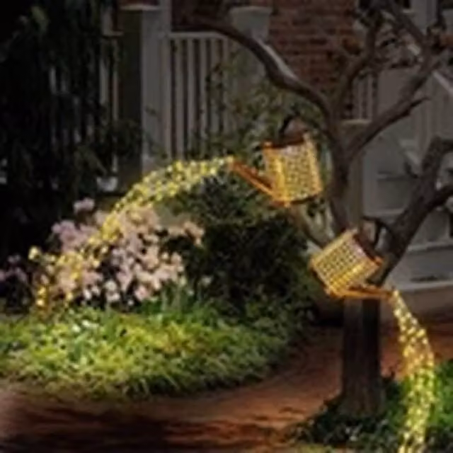 VOGREX Solar LED String Light Watering Can Hollow Outdoor Garden Decor in Bronze