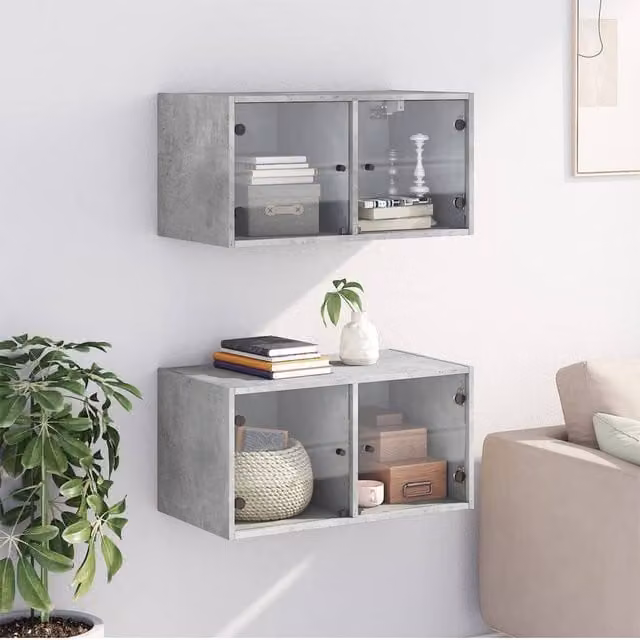 Berkfield Home Wall Mounted Glass Door Cabinets, 2 Pack, Concrete Grey, W: 68.5 cm, D: 37 cm, H: 35 cm