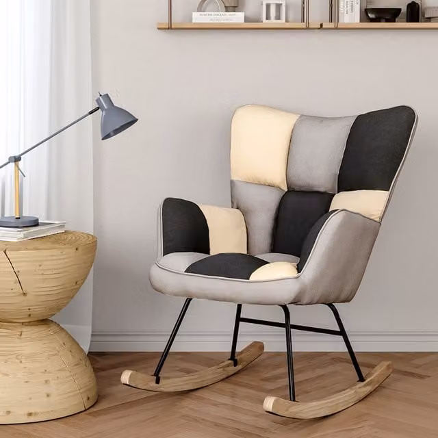 Livingandhome Scandinavian Fabric Rocking Armchair with Armrests in Black, Grey and Beige