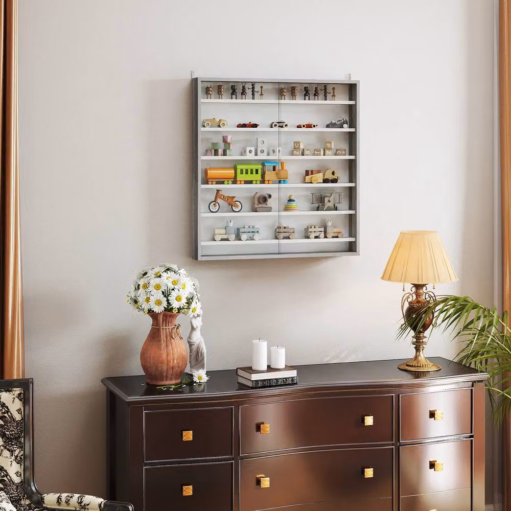 STILVORA Wall Mounted Modern Display Cabinet with Glass Sliding Doors and Internal Shelves in Matt Grey – 3