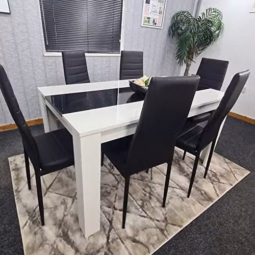 KOSY KOALA Modern Kitchen Dining Set with Rectangular White Glossy Table and 6 Black Chairs, W/D/H: 140 x 80 x 75 cm – 2