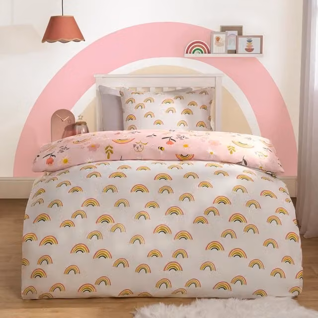 OHS Reversible Floral Modern Duvet Cover and Pillowcase Set in Pink, White and Multicolour, 90 x 200 cm