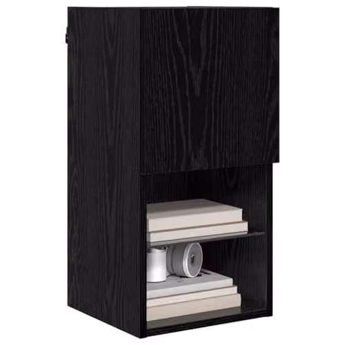 vidaXL Modern Wall-mounted TV Cabinet with Glass Doors and Integrated Lighting, Black, W/D/H: 60.0 x 30.5 x 30.0 cm