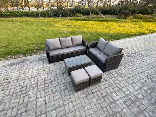 Fimous 7 Seater Grey Rattan Wicker Garden Furniture Set with 3 Seater Sofa, Love Seat, 2 Footstools and Rectangular Coffee Table