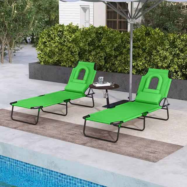 Outsunny Set of 2 Green Folding Sun Loungers with Pillows and Textilene Fabric