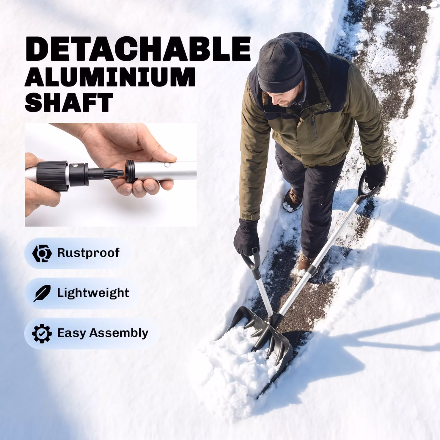 Outsunny Heavy-Duty Snow Shovel and Pusher with 45cm Wide Blade and Detachable Aluminium Handle, Black – 6