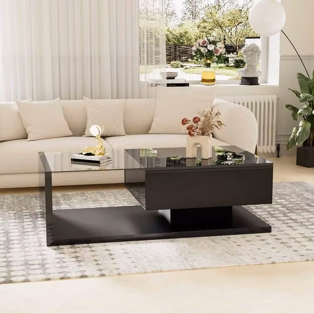 STILVORA Modern Black Coffee Table with LED Storage and Glass Top, W: 105.0 cm, D: 55.0 cm, H: 32.5 cm – 1