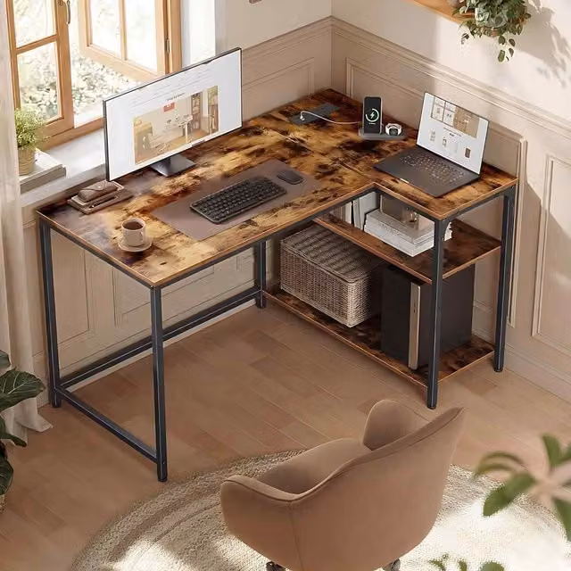 The Bazaarist L-Shaped Gaming Desk with Power Outlets in Rustic Brown