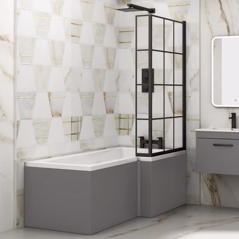 Qubix Right Hand L Shaped Asymmetric Bathtub with Black Framed Screen and Grey Gloss MDF Panel, White