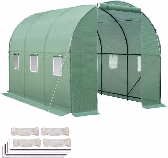 tectake Green Polytunnel Greenhouse with 6 Windows, W/D/H: 343 x 200 x 200 cm