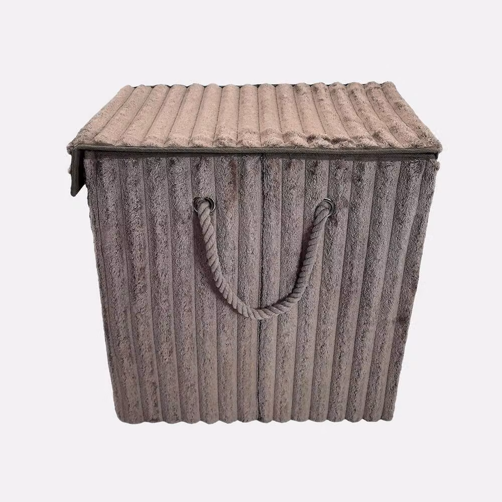 OHS Ribbed Faux Fur Folding Laundry Basket with Lid and Handles in Beige – 2