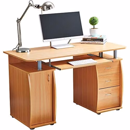 RayGar Beech Deluxe Design Computer Desk with Cabinet and 3 Drawers in Brown, W/D/H: 120 x 55 x 74 cm