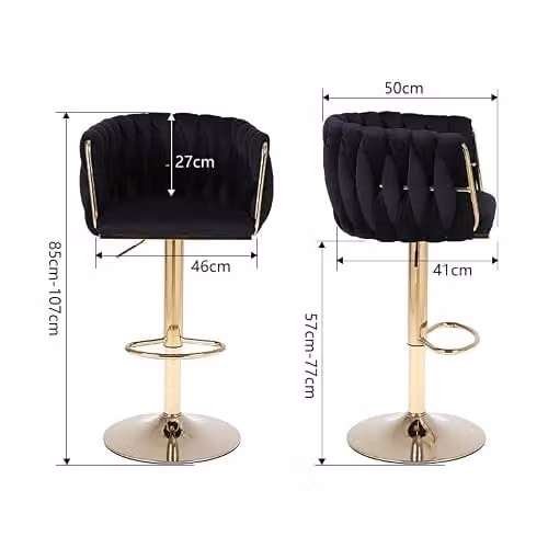 HYGRAD BUILT TO SURVIVE Set of 2 Velvet Woven Upholstered Adjustable High Swivel Breakfast Bar Stools with Gold Metal Base and Gas Lift in Black and Gold – 2