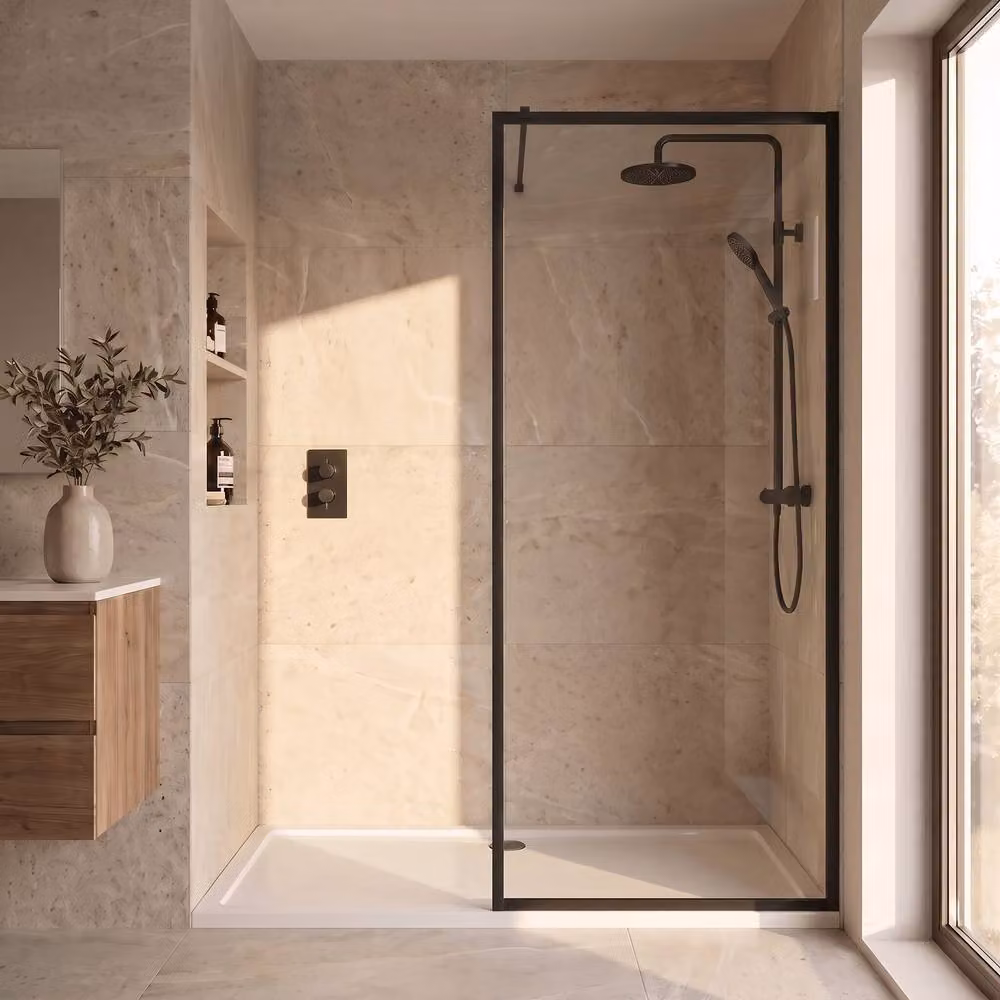 Balterley Single Panel 8mm Glass Wetroom Screen and Support Bar in Black, Width: 70 cm – 2