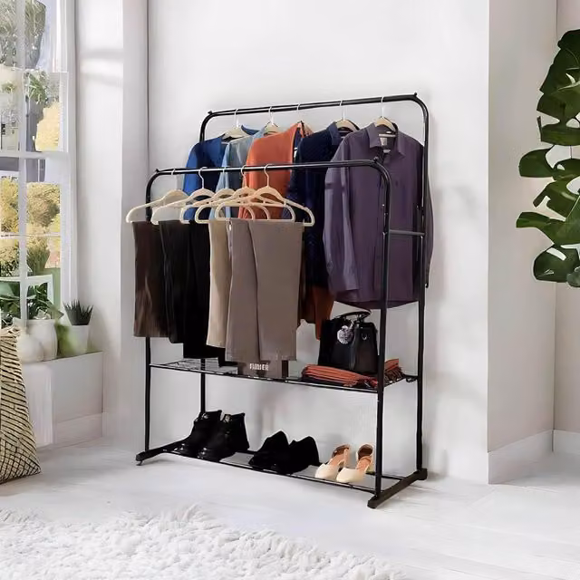 House of Home Heavy Duty Metal Double Clothes Rail with Shoe Rack and Hooks in Black, H 153 cm x W 110 cm x D 50 cm