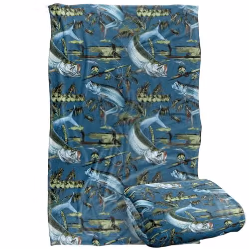 JQ Licensing Tarpon Tiki Fishing Pattern Super Soft Fleece Throw Blanket, Multicolour, W: 91 cm, D: 147 cm – 1
