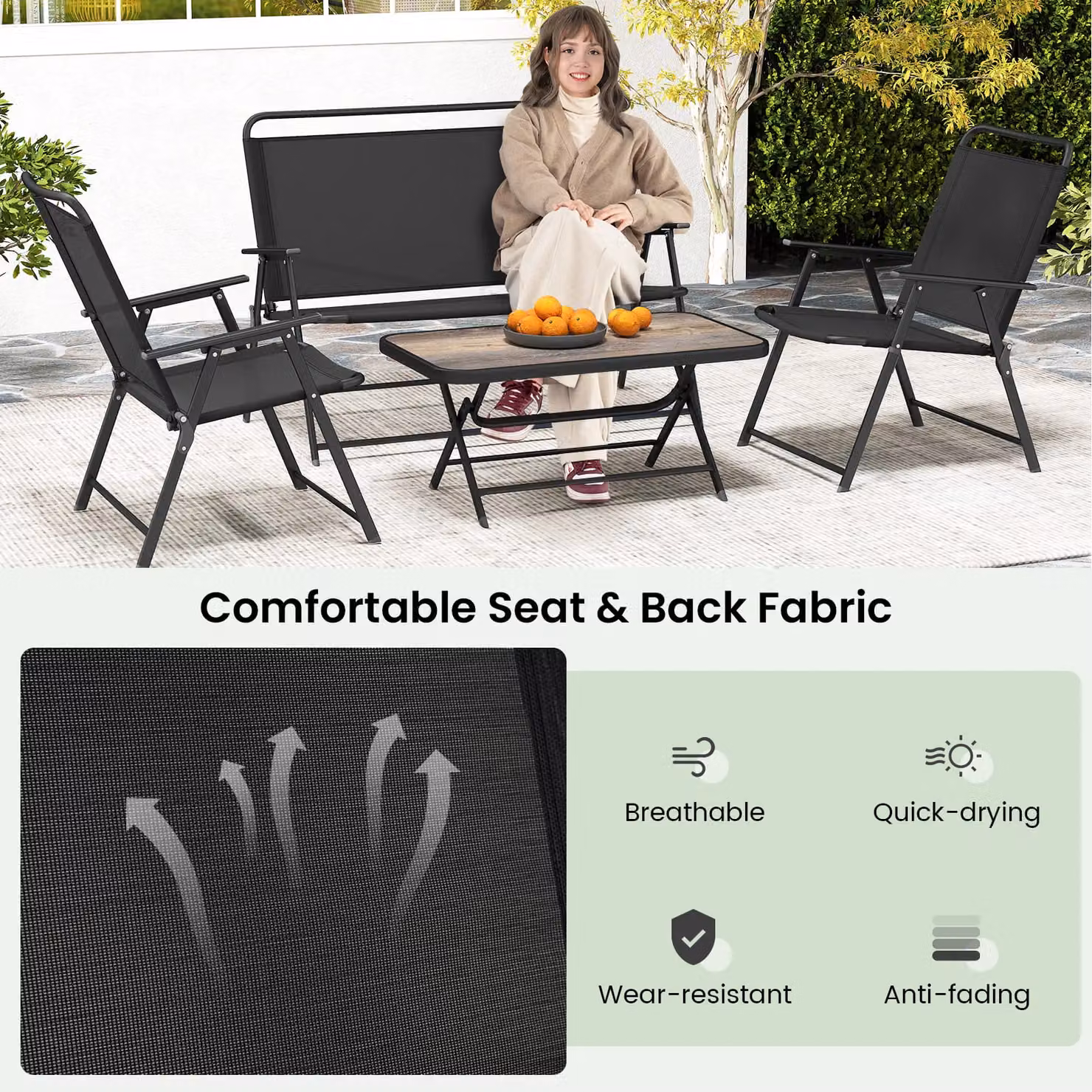 Costway 4 Piece Outdoor Conversation Set with Powder Coated Steel Metal Frame and Upholstered Cushions in Black – 8