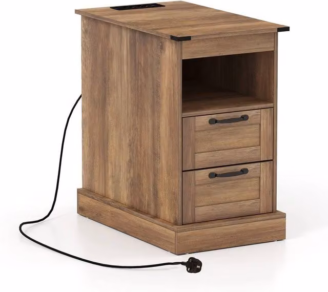 VOGREX Brown Farmhouse Charging Station Nightstand with Grommet and Media Compartments – 1