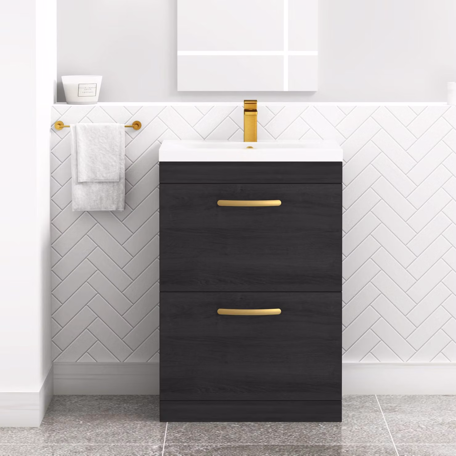Royal Bathrooms Turin 600mm Floor Standing Mid-Edge Basin Vanity Unit in Hale Black with 2 Drawers and Brushed Brass Handles