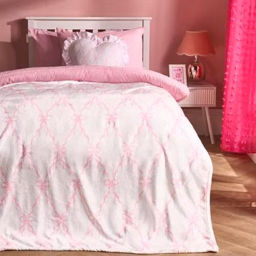 OHS Flannel Fleece Bow Print Throw Blanket in White and Pink, W/D/H: 125 x 150 cm – 2