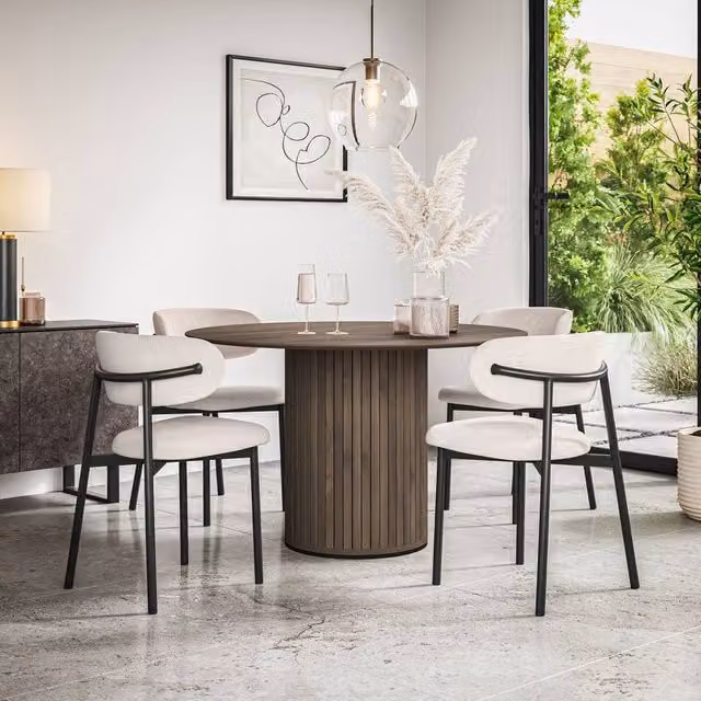 More4Homes Arlo Walnut Round Dining Table and Myla Beige Linen Dining Chairs Set of 7, W/D/H: 120 x 120 x 75 cm – 1