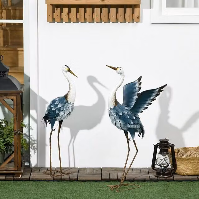VOGREX Blue and White Metal Heron Standing Garden Ornament – 1