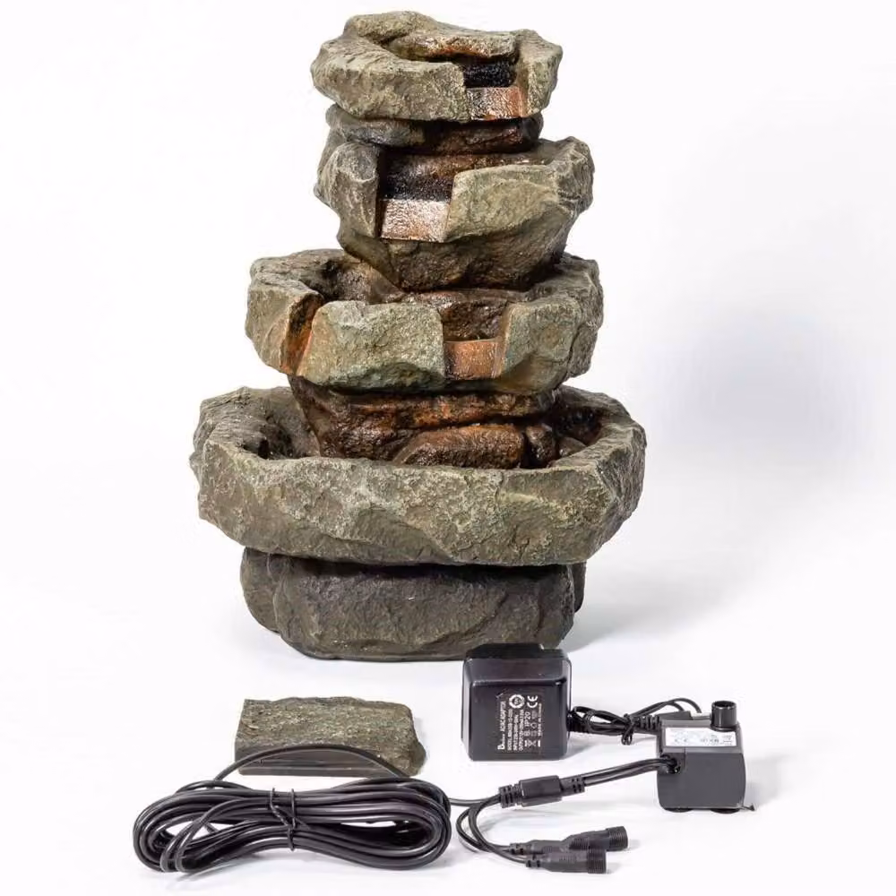 Primrose Rock Water Feature Tabletop Cascade Indoor Fountain with LED Lights in Grey and Beige Stone Finish, Height: 36 cm – 5