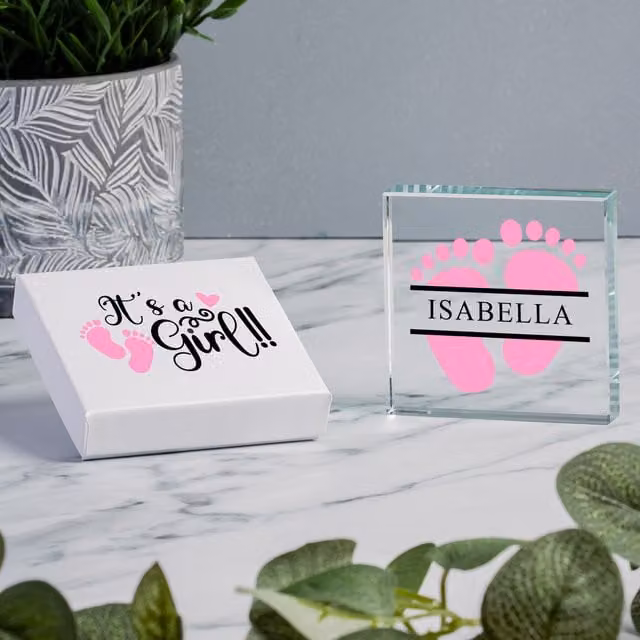 Uniqueful Personalised Baby Feet Glass Token Gift in Blue, Pink or Transparent