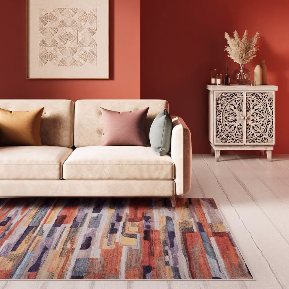 Kukoon Modern Abstract Machine Washable Living Room Rug, Red and Multicolour, W: 60 cm, L: 240 cm – 2