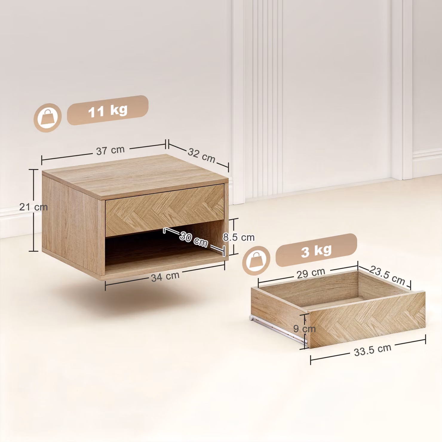 HOMCOM Set of Two Wall-Mounted Floating Bedside Tables in Brown Wood Finish – 3