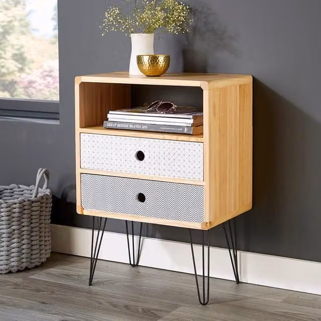 Home Source Retro 2 Drawer Wooden Side Table and Bedside Cabinet with Metal Legs in Natural Brown