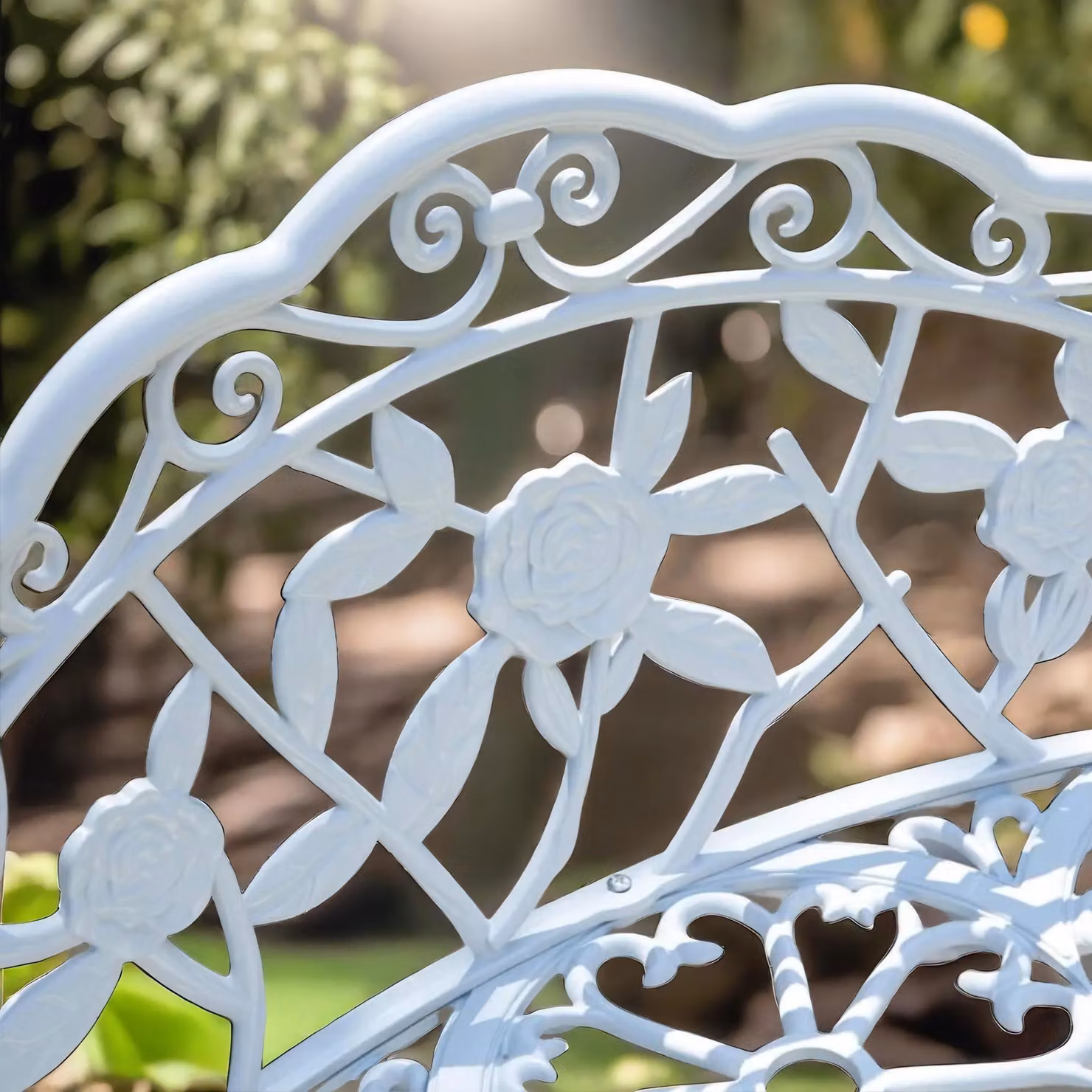 FURNOS White Metal Garden Bench with Antique Floral Rose Petal Detail – 4
