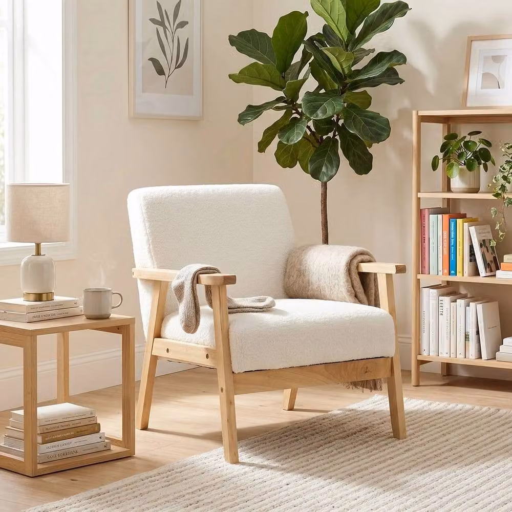 NESTLUNE Minimalist Bouclé Accent Chair with Solid Wood Frame in Beige – 4