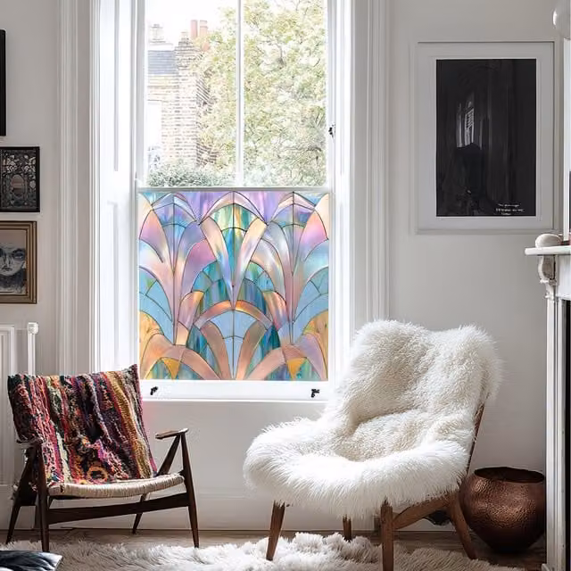 Creative Printing Aliano Art Deco Floral Stained Glass Privacy Window Film, Blue and Multicolour, Width: 45 cm
