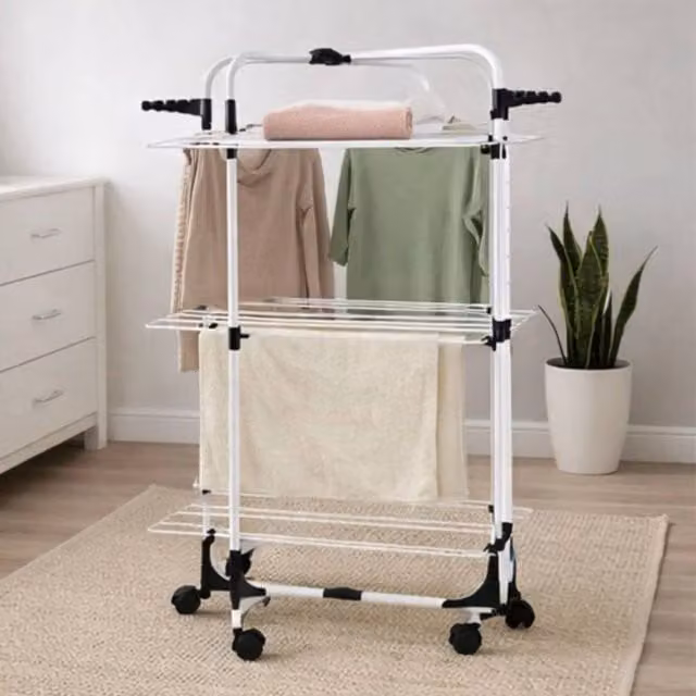 EONLION 3 Tier Tower Airer Foldable Indoor Clothes Drying Rack, White, Height: 100 cm