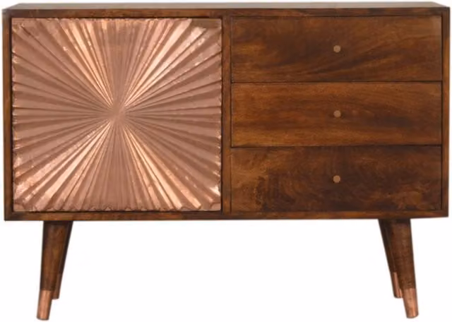 KDMK Manila Copper Mango Wood Sideboard Storage Cabinet with 3 Drawers and Door, Brown