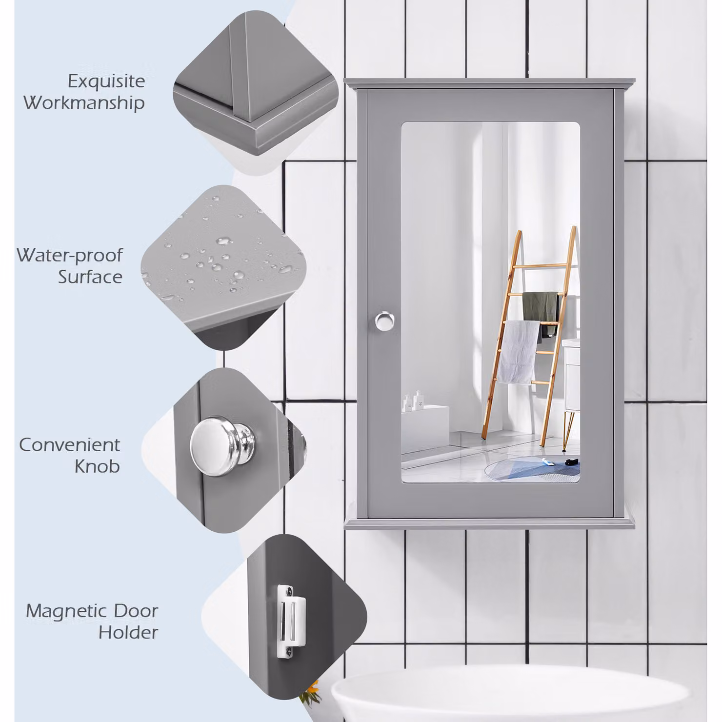 Costway Grey Mirrored Wall Mounted Bathroom Medicine Cabinet with Hinged Glass Doors and Internal Shelves – 2