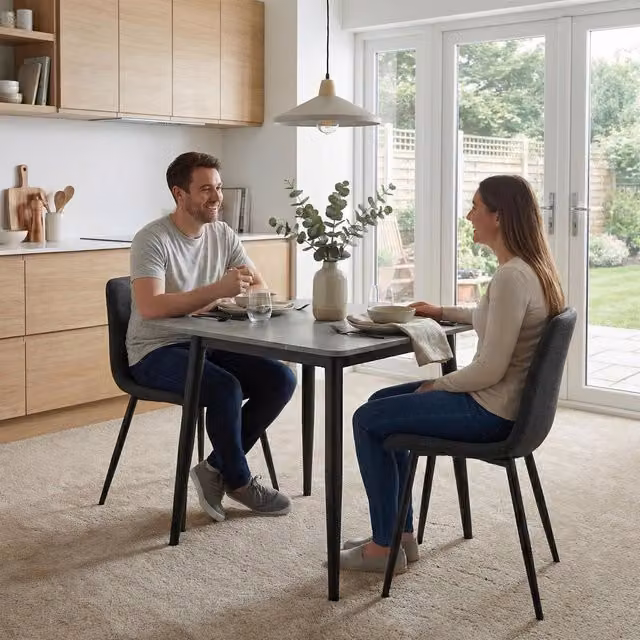 FWStyle Set of 2 Modern Grey Fabric Dining Chairs with Geometric Design and Matt Metal Legs