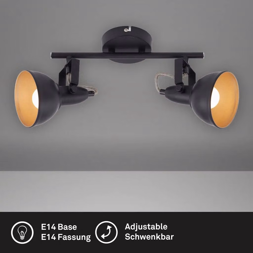 Briloner Modern Vintage Ceiling Light in Black and Gold with 2 Adjustable Spotlights, E14, Length: 30.4 cm – 2