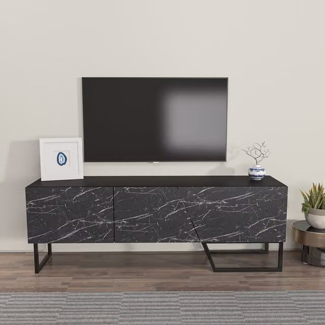 Decorotika Parla Modern TV Unit in Black and Black Marble Effect, W: 150.0 cm, H: 50.6 cm, D: 35.0 cm