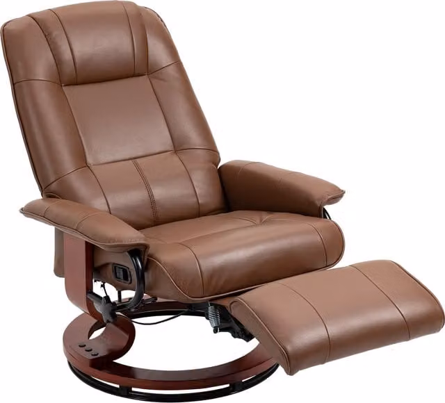 HOMCOM Brown Faux Leather Swivel Recliner Armchair with Wooden Base – 1